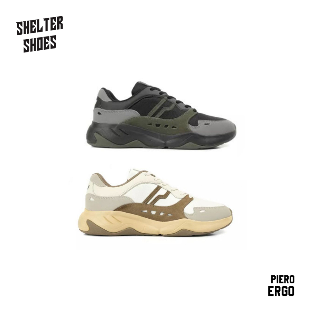 SEPATU PIERO ERGO SERIES BLACK GREY LITE BEIGE SNEAKERS KASUAL CASUAL GYM TRAINING OLAHRAGA SHOES