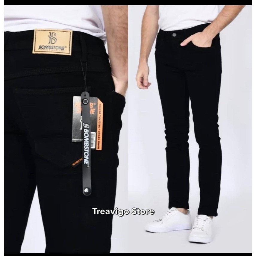 BombStone - Jeans Panjang Slimfit Skinny Pria Hitam Pekat Original Premium BombStone