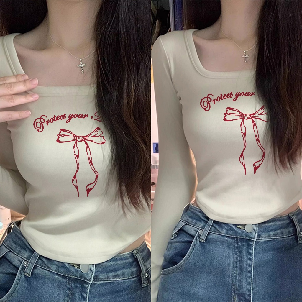 kaos crop lengan panjang Tali merah kecil diikat baju ketat crop top t shirt Wanita Korean style /ba