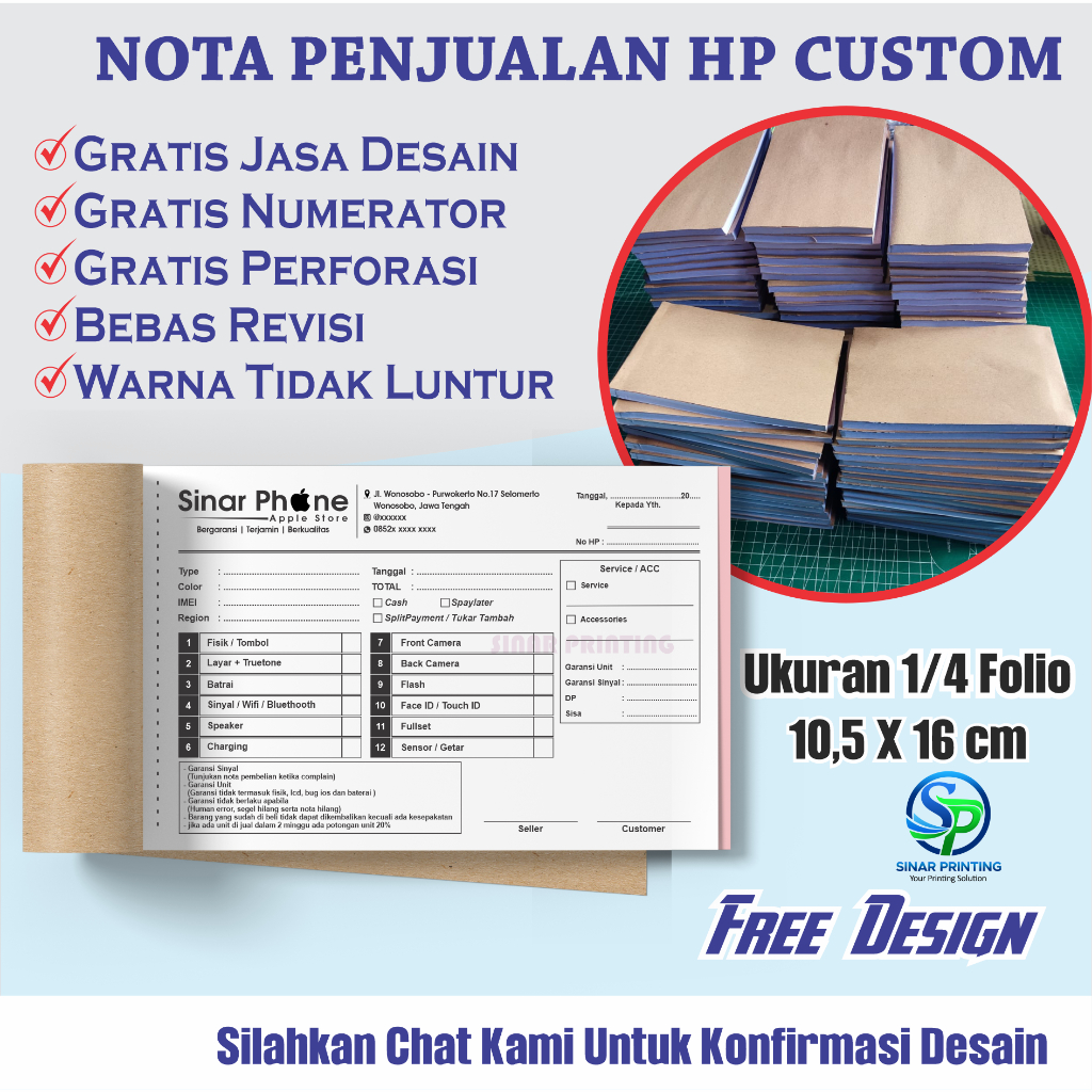 Nota Penjualan HP Custom Free Design - Nota Konter HP - Nota Custom Satuan