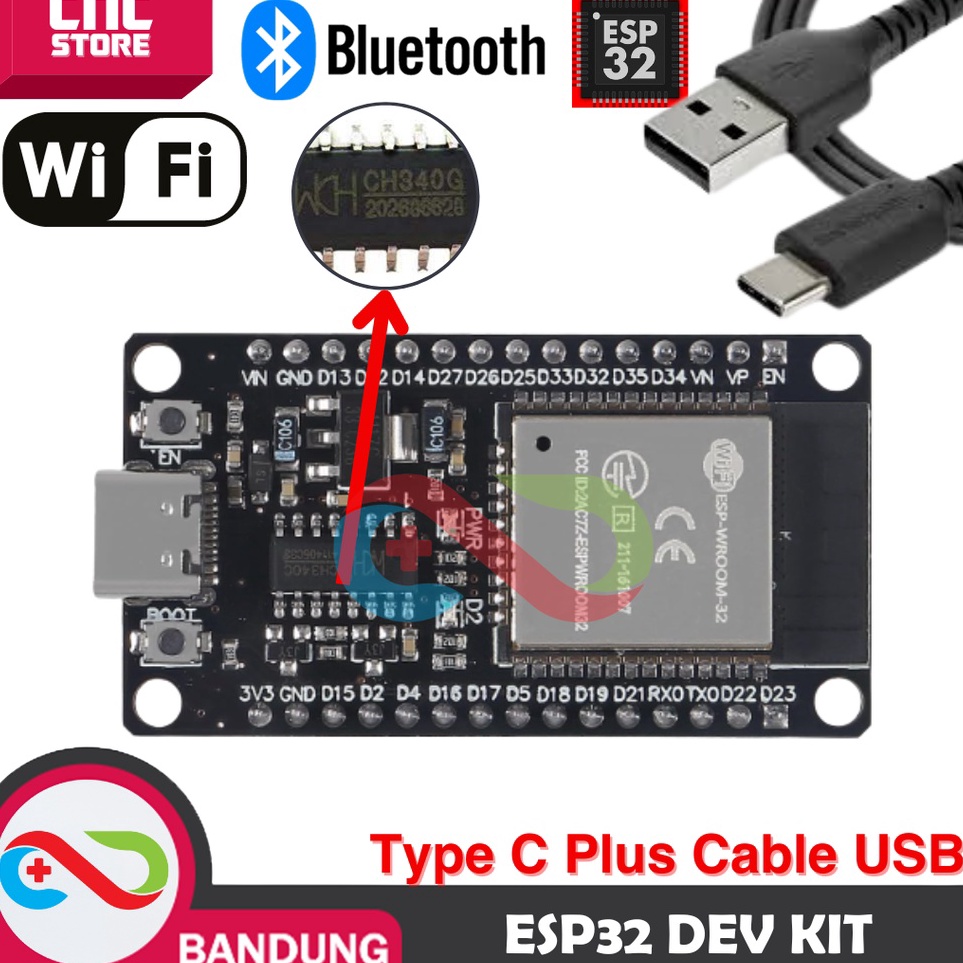 

KODE D67C ESP32 ESP32 DOIT WIFI BLUETOOTH IOT ESP32S DEVELOPMENT BOARD CH34 TYPEC PLUS KABEL DATA