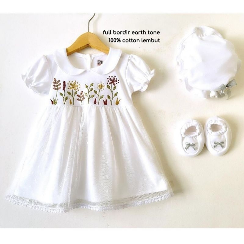 RB pure white dress set premium putih boho flower baju bayi perempuan