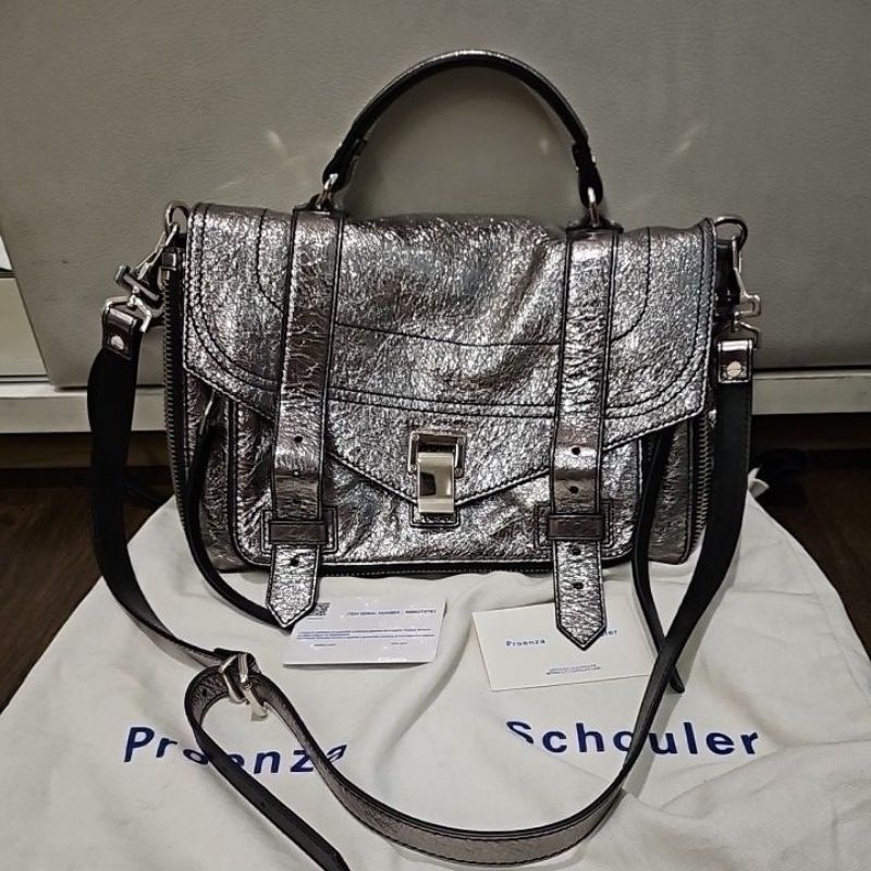 preloved good condition proenza schouler ps1 medium silver bag with card and db