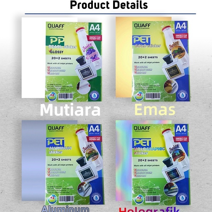 

Revolutionary QUAFF Kes Sticker Vinyl Inkjet Anti Air 2 lembarpack ukuran A4 Glossy Matte Transparent stiker tahan air Glosyy Holografik Matte Mutiara