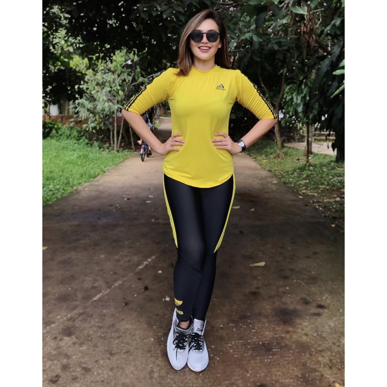 Harga TERMURAAH Setelan baju Senam Kuning Hitam atasan Legging 2pcs Include  Baju Senam fitness aero