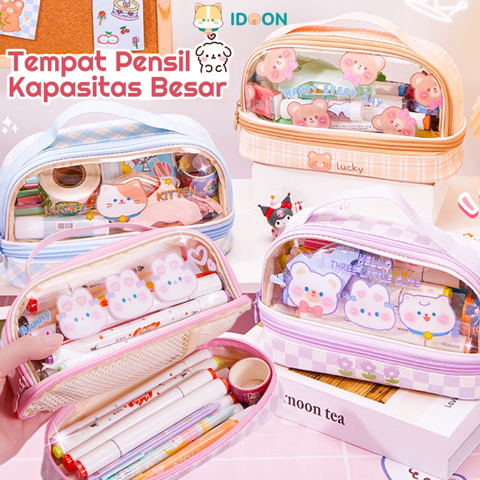 

IDOON Pencil Case Transparan Korea Tempat Pensil Besar Dua Lapis Kotak Pensil Tempat Pola Hewan Lucu