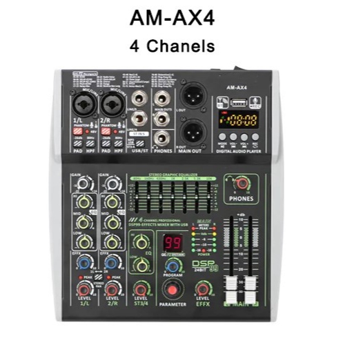 Mixer Audio Digital 4 Channel DSP 99 Effects Bluetooth - AM-AX4 - Black