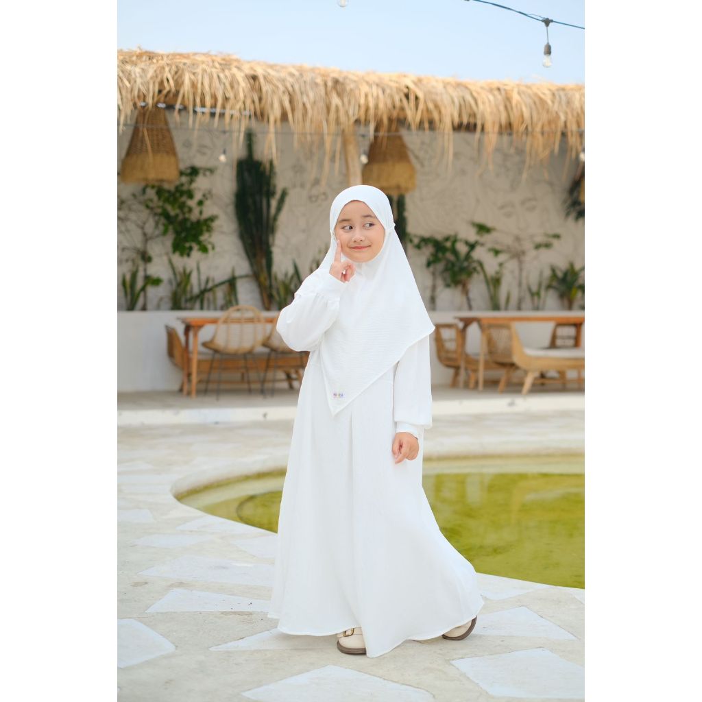 GAMIS PUTIH MANASIK HAJI FREE KERUDUNG HANA Pakaian Baju Gamis Dress Dres Lengan Panjang Bahan Crinc