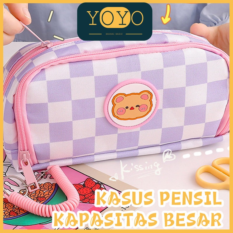 

Pouch Motif Checkerboard Rabbit & Bear Aesthetic Korean Style /Pencil case/Premium/Plaid / Zipper/ Kompartmen/ Imut/ Cute/ kelinci/