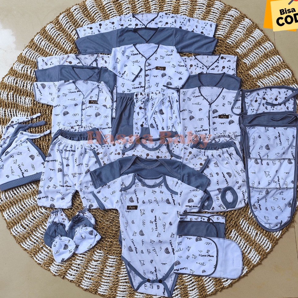 Cuma satu hari 36 Pcs Paket Lahiran Lengkap Baju Bayi Celana Bayi Baru Lahir seri Abu Karakter Lucu 