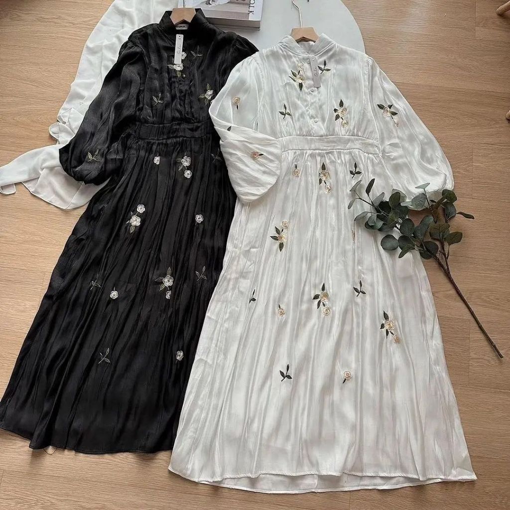 VANNIA MIDI DRESS BAHAN SHIMER MIX BORDIR / DRESS REMAJA AESTHETIC VINTAGE / DRESS REMAJA SIMPLE LOO