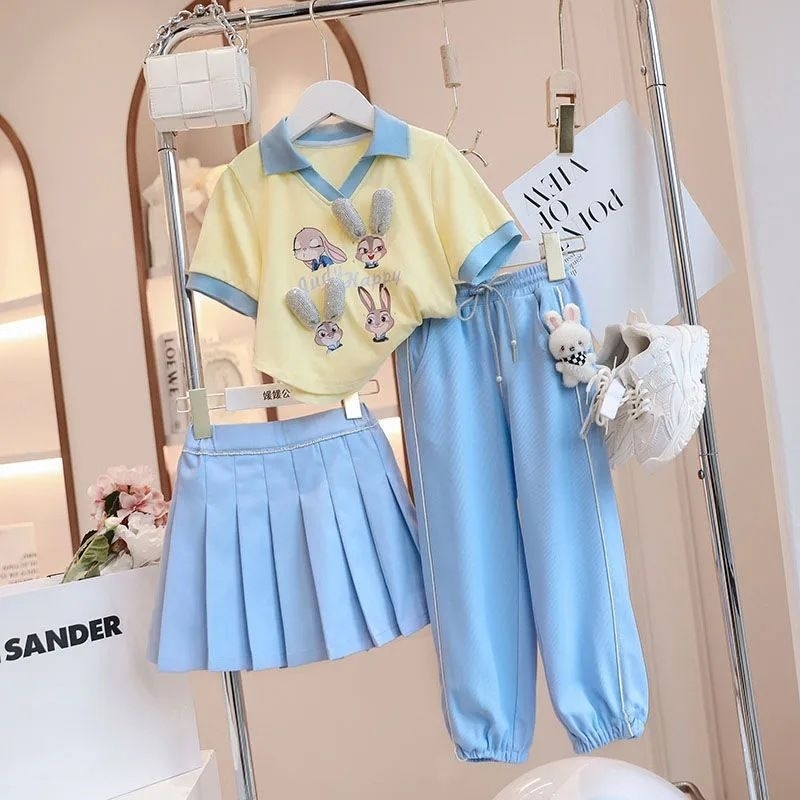 Baju Setelan Anak Cewek Import (Biru Happy) / Setelan Baju dan Rok / Baju Kuning Celana Biru / Baju 