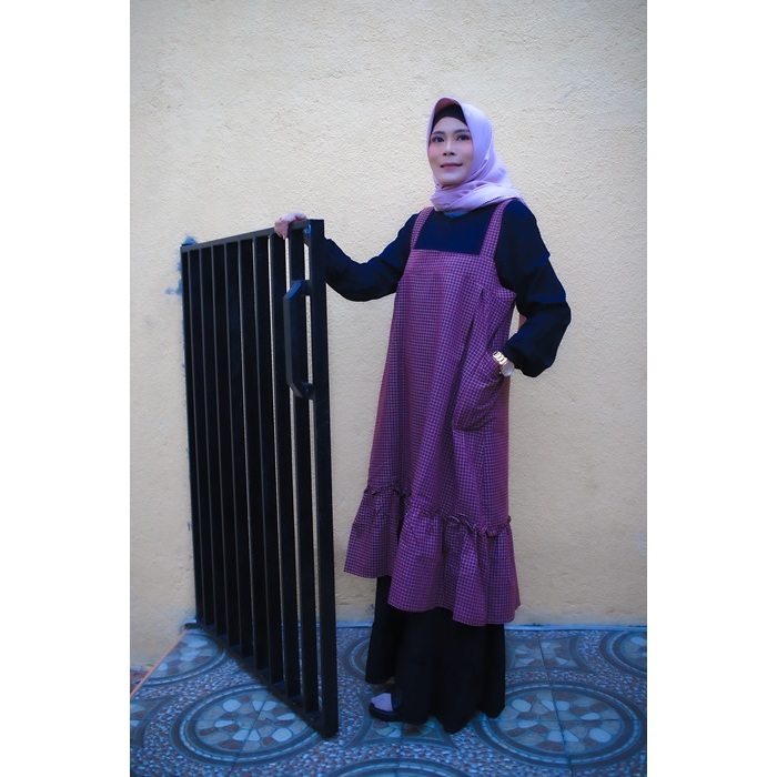 Rok Overall Dress Abaya Premium Motif Kotak Square Plaid Bahan Katun Oxford