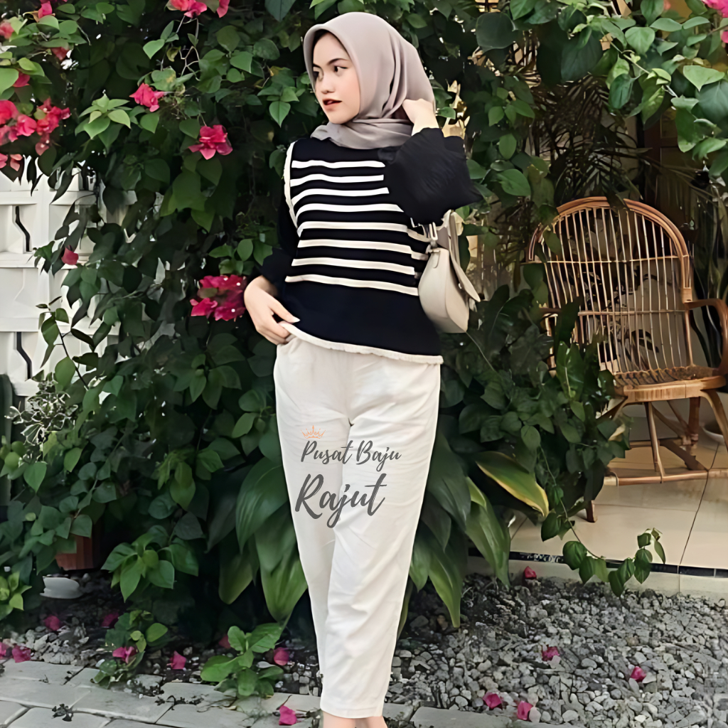 Febiola Blouse Baju Sweater Rajut Motif Stripe Crewneck Lengan Balon Blouse Atasan Rajut Wanita