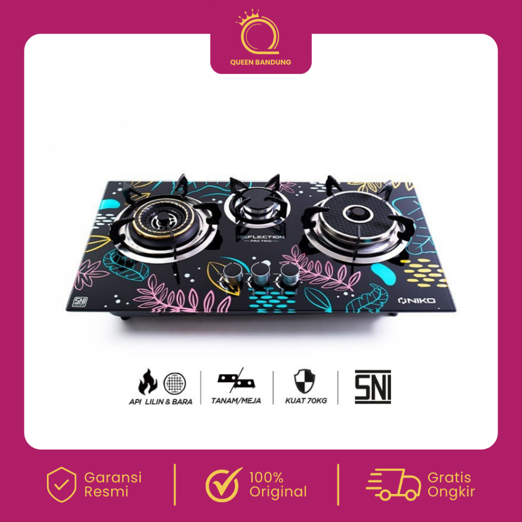NIKO Kompor Gas Kaca 3 Tungku Reflection Pro Trio Kompor Gas Tanam