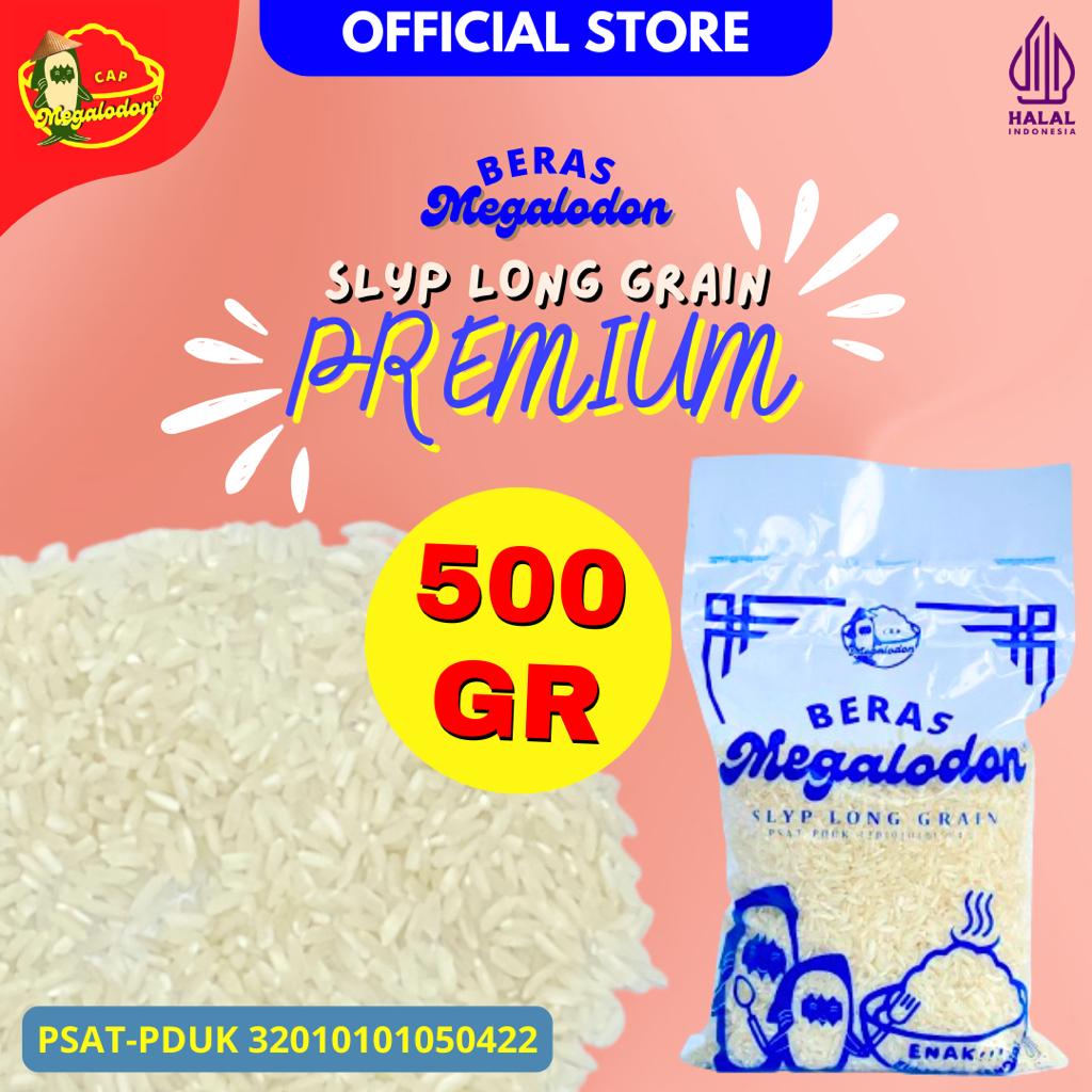 

Beras Cap Megalodon SLYP LONG GRAIN Premium 500 Gr Bersih & Berkualitas Tinggi Pulen