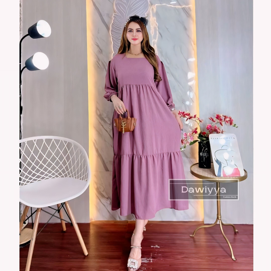 DASTER SUSUN POLOS RAMPEL KEKINIAN BUSUI BUMIL DRESS MIDI SMOK KERINGKEL CRINKLE AIRFLOW PREMIUM