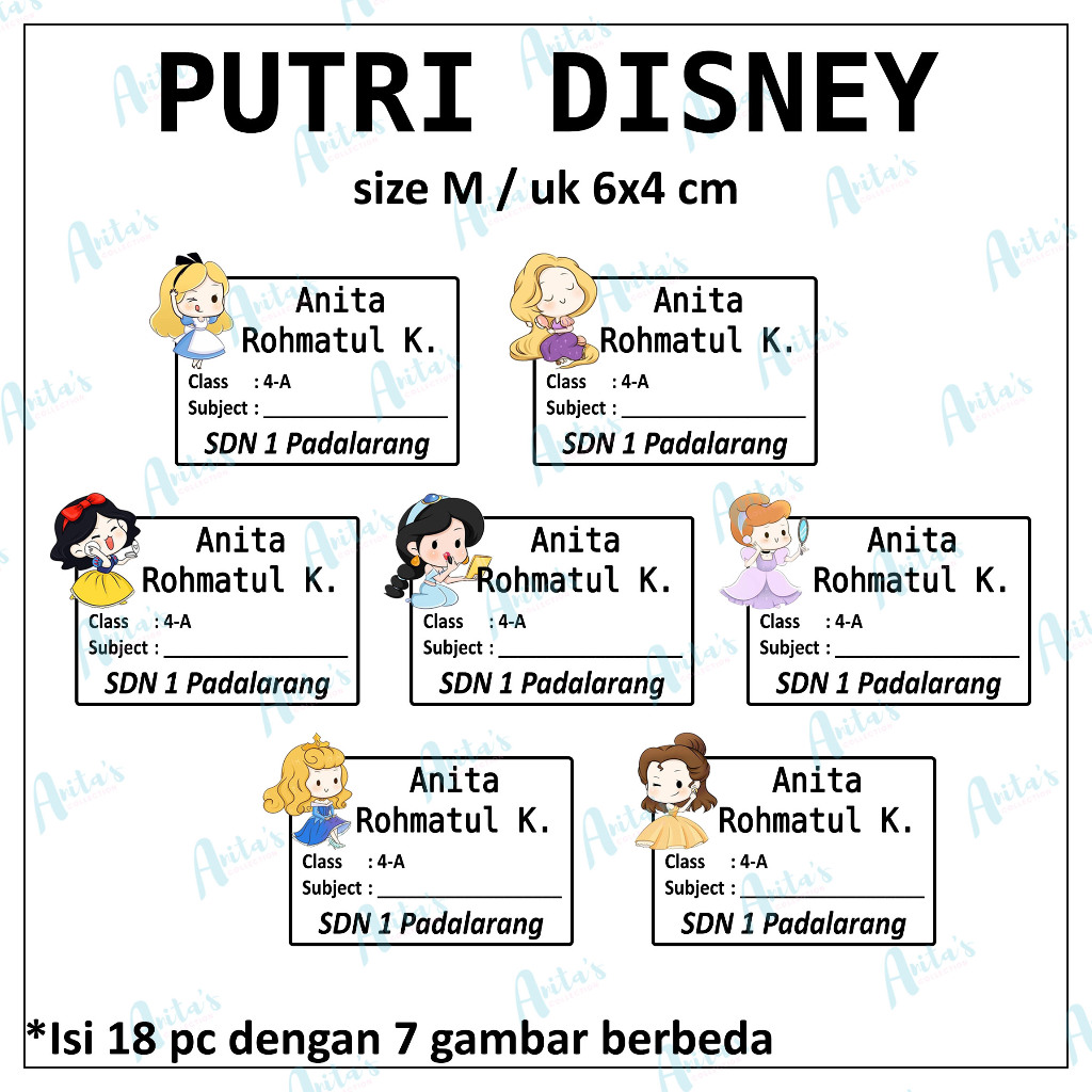 

18pc STIKER NAMA BUKU PELAJARAN ANAK SEKOLAH tema PUTRI DISNEY | size M / 6x4 cm | CUSTOM