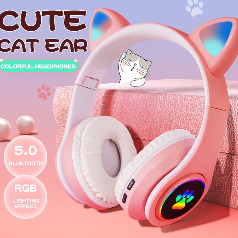 KODE T19V LED Color Light Cute Cat Ear Headphone with Mic B39M Foldable Wireless Headphones Bluetoot