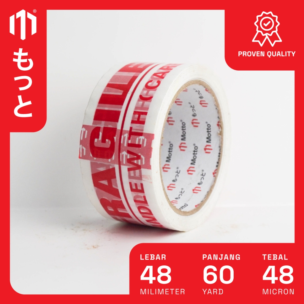 Lakban Fragile 48mm x 60 Yard Putih - 1 Pcs/Roll (Satuan) - Motto Tape