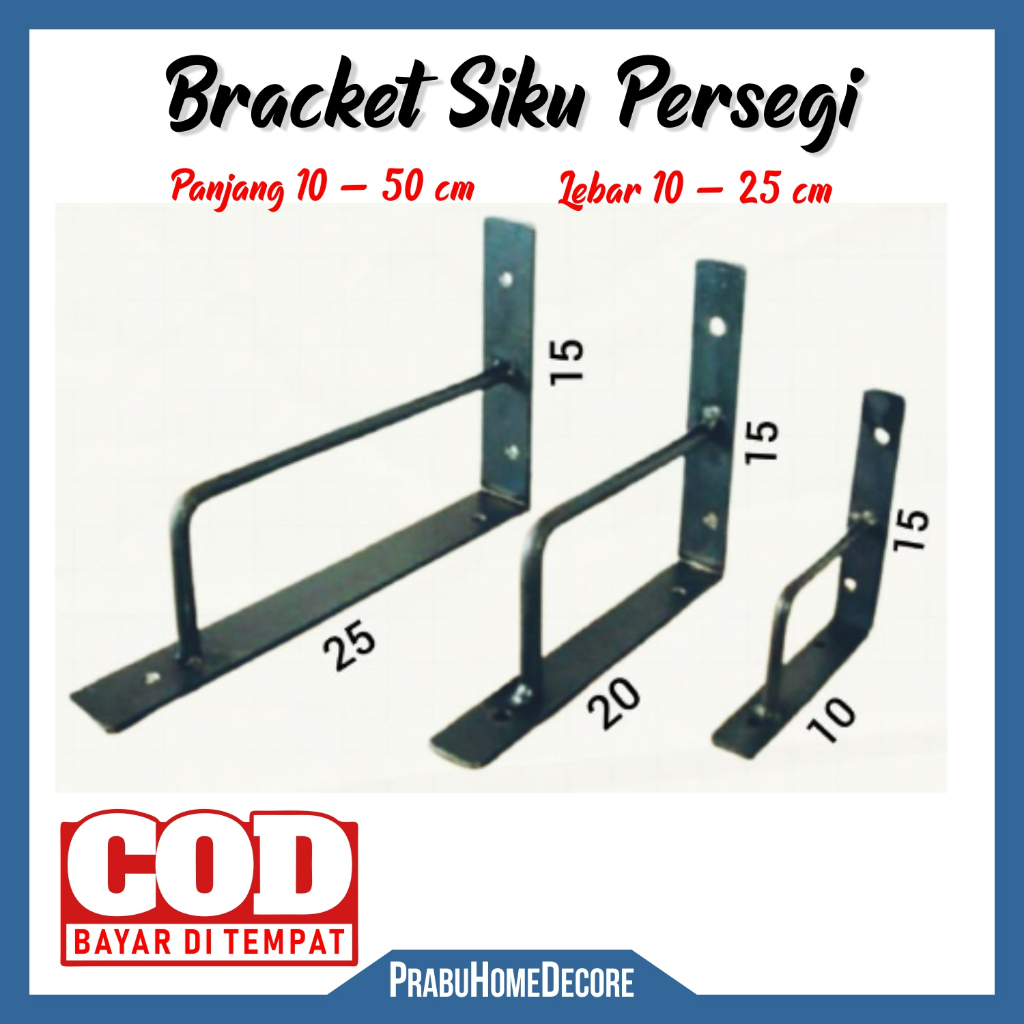 Breket Siku Besi Penahan Rak Kayu Dinding Panjang 10 - 50 cm Termurah | Siku Persegi Besi Penopang R