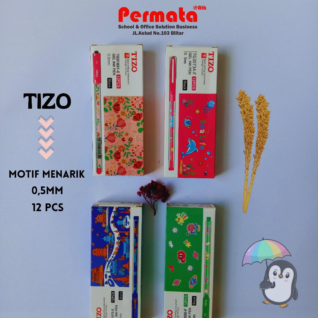 PULPEN BOLPOIN PENA TIZO 0,5 ISI 12 PCS MOTIF BERAGAM (GEL INK PEN)BLACK MURAH