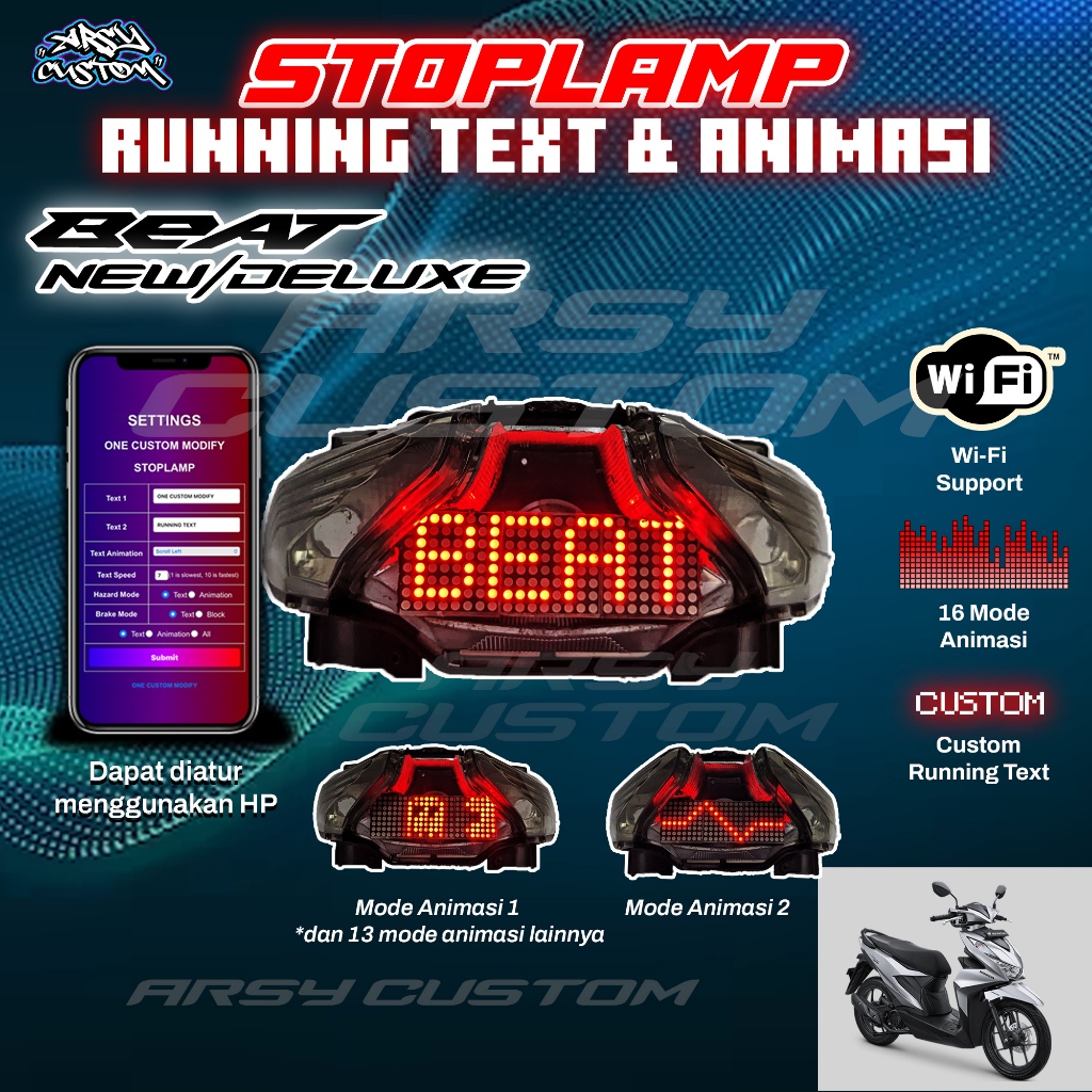 Stoplamp Running Beat New Deluxe Street Text Animasi Variasi Lampu LED Rem Belakang Motor