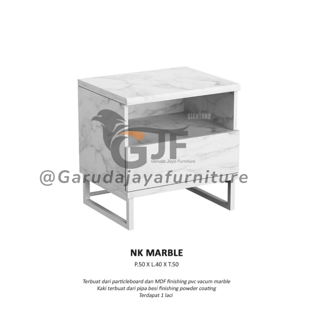 MEJA NAKAS SAMPING TEMPAT TIDUR/MEJA SUDUT/MEJA SAMPING KASUR/NAKAS KAKI BESI PUTIH MOYIF MARBLE/NK 