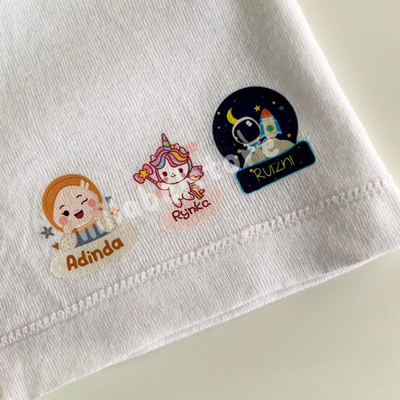 

{ 20 PCS } MILABELSTORE - STIKER LABEL KAIN/BAJU KARAKTER CUSTOM NAMA / SERAGAM / CELANA /TOPI (Katalog 1)