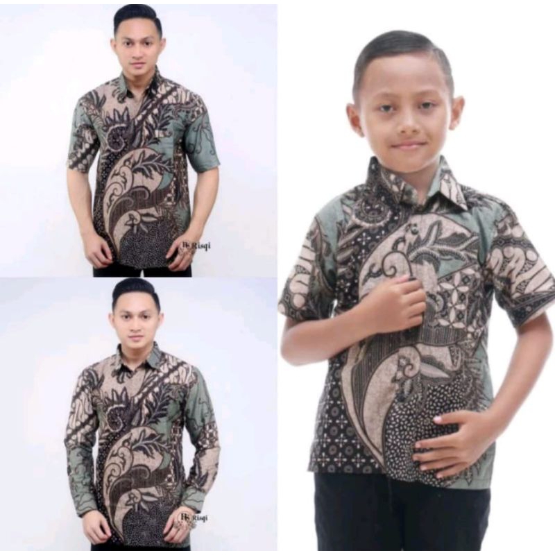 Kemeja Batik Anak Laki laki Warna Hijau Sage Green Batik Pria Dewasa Couple Batik Ayah dan Anak Laki