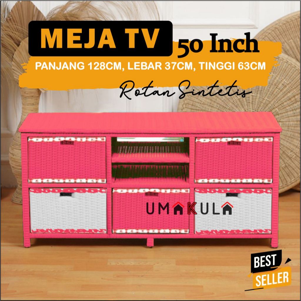 Meja TV 43 inci Rak Lemari Rotan Sintetis 5 Laci Buffet Bufet Ruang Tamu Serbaguna Minimalis Murah