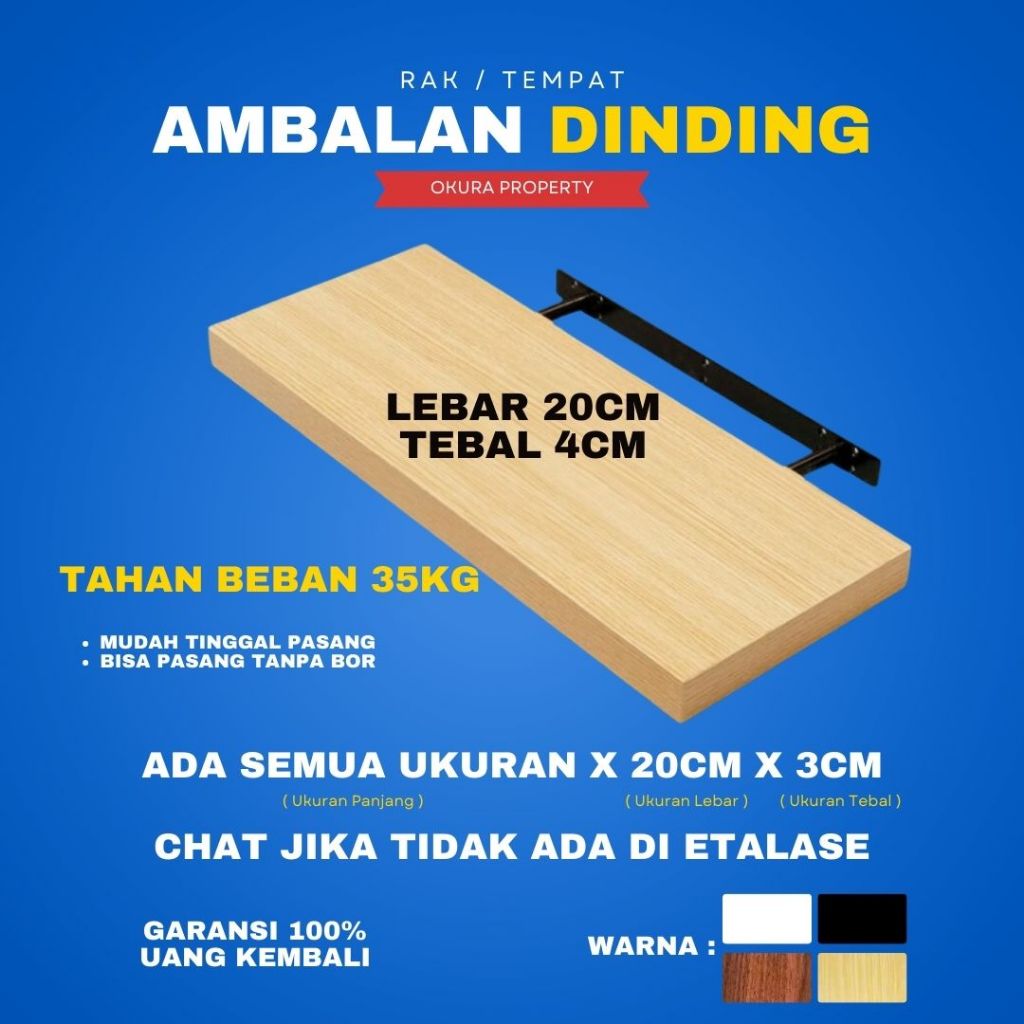 Rak Ambalan Dinding Minimalis aesthetic Panjang 60 cm Kayu Kamar Mandi Dapur Serbaguna Lebar 20 cm