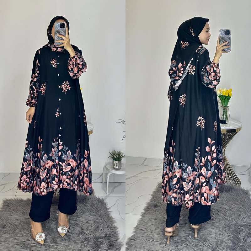 Set hijab tunik panjang oneset midi wanita Sania setelan tunik panjang busui friendly set hijab long