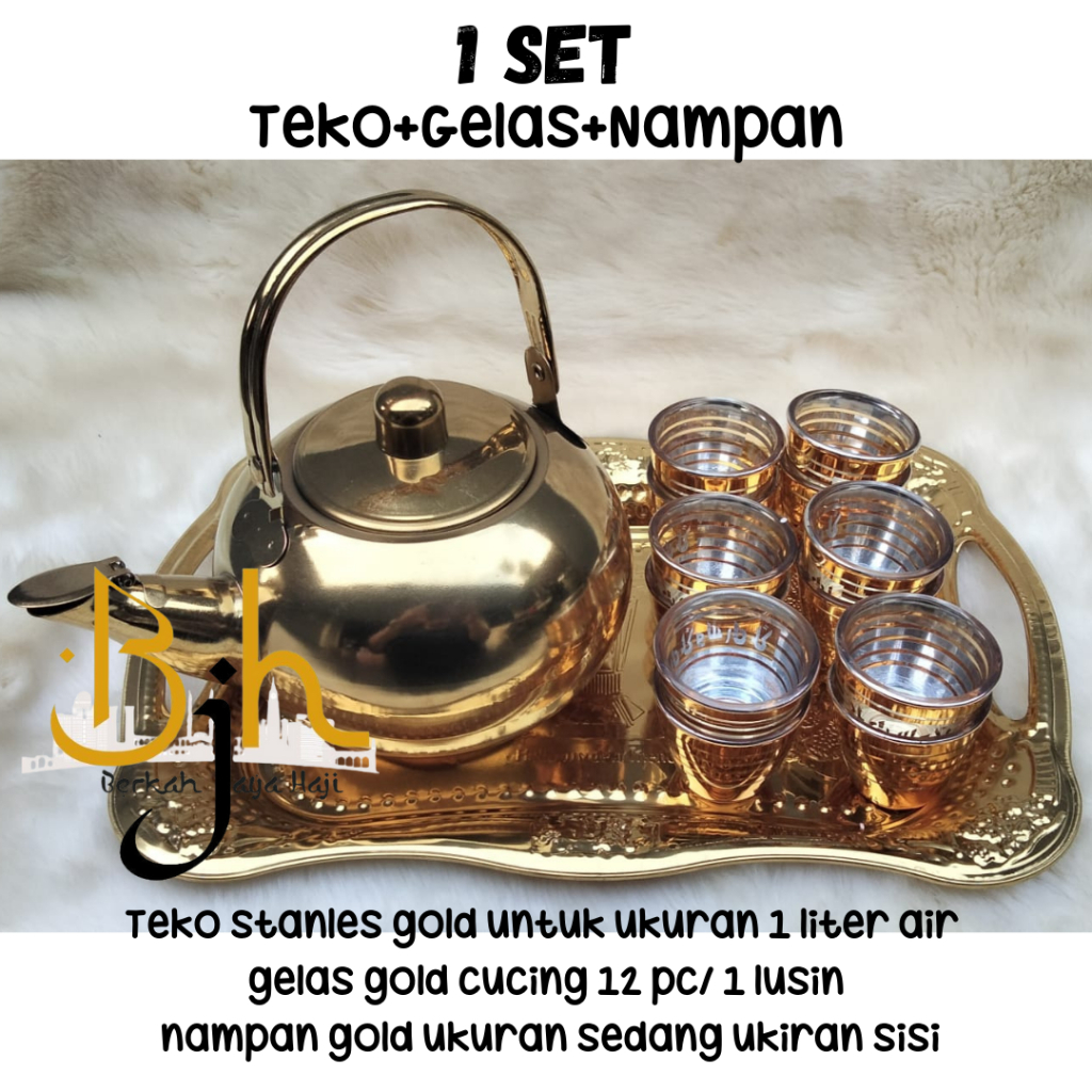 Teko Arab Antik warna gold / Teko hiasan unik plus gelas kaca 12pcs nampan kotak segi enam