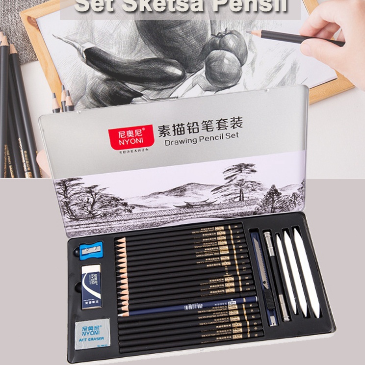

Set 29pcs Lukis Sketsa Lengkap Paket Drawing Pencil Gambar Metal Tin Box Pensil Gambar