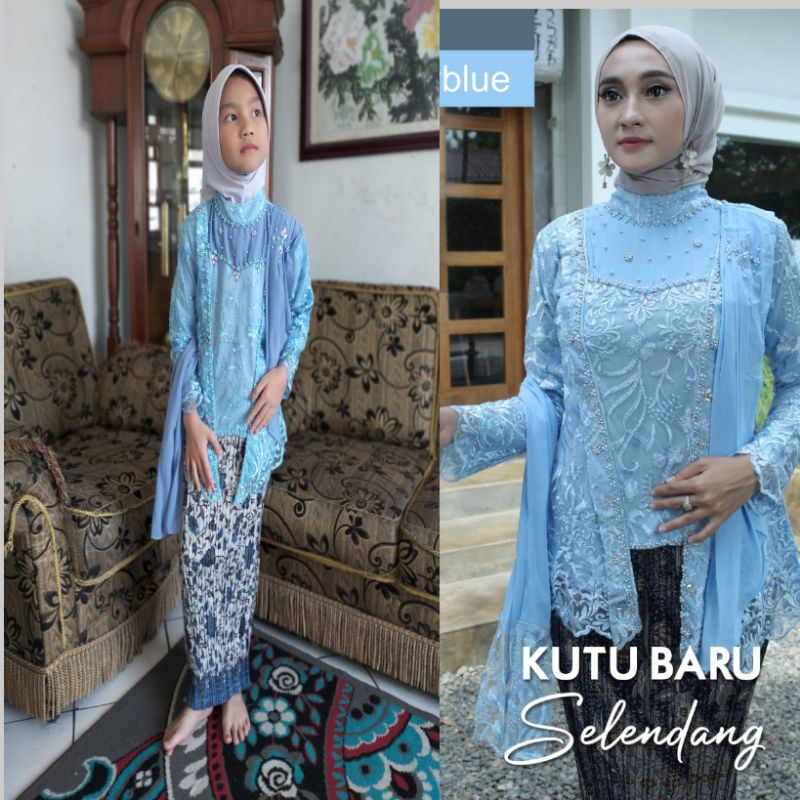 SATU SET BAJU COUPLEAN IBU DAN ANAK MODEL KEBAYA KUTU BARU SALENDANG BAHAN TILE BROKAT MIX PAYET MUT