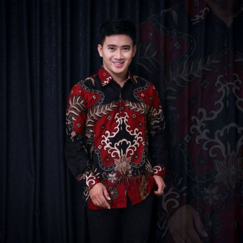ATASAN BATIK / KEMEJA BATIK PRIA LENGAN PANJANG, CORAK KENZO. MERAH, STYLE BATIK MODERN