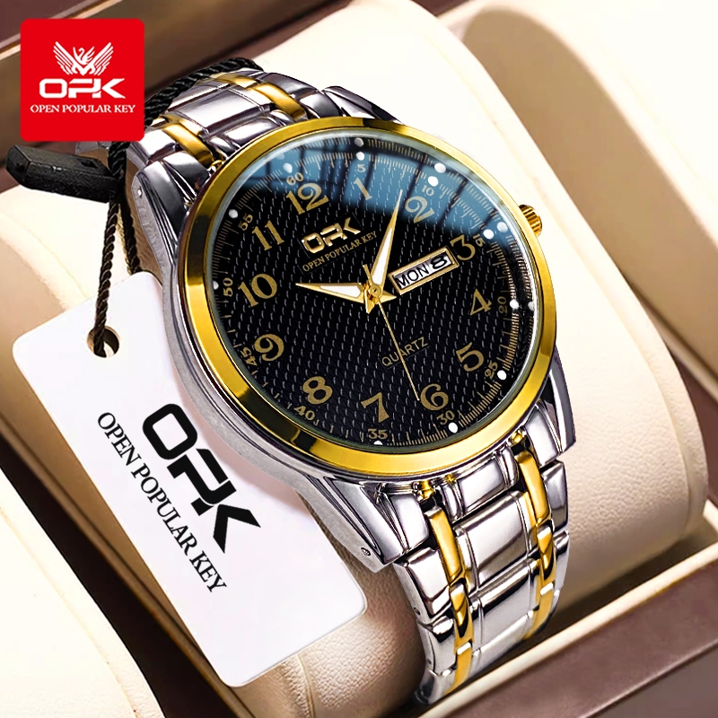 OPK Jam Tangan Pria Anti Air Original Terbaru 2026 Stainless Steel Hitam Emas Watch Model 8110