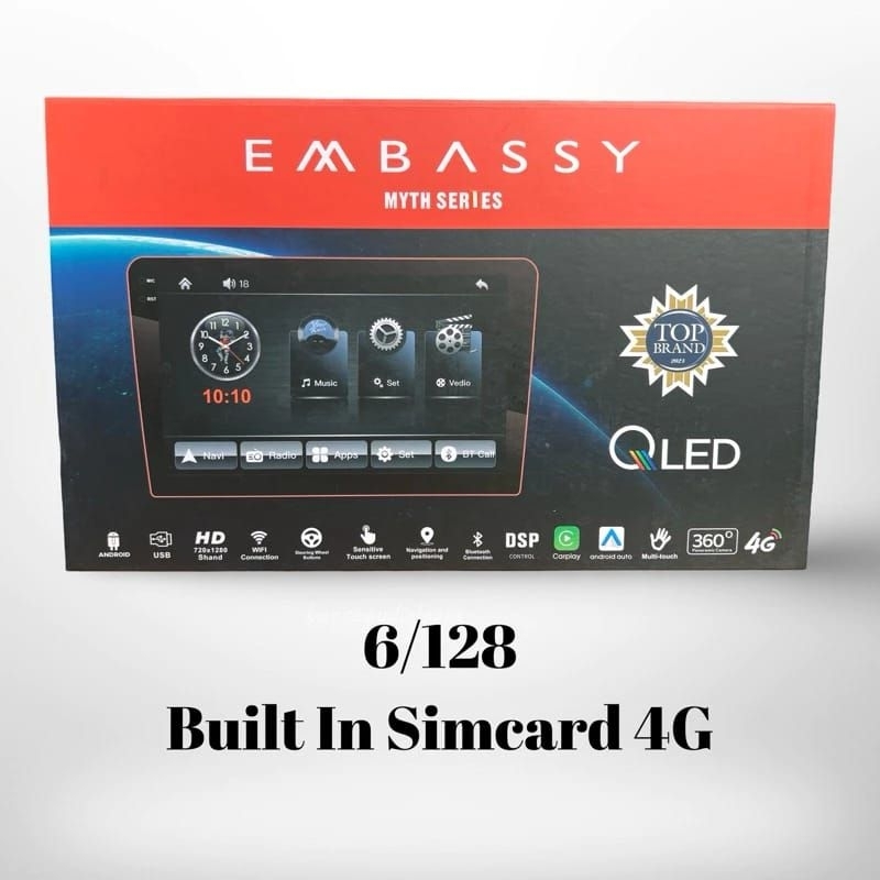 Head unit Android 9 inch Embassy 6/128 Built In Simcard 4G Support Camera 360