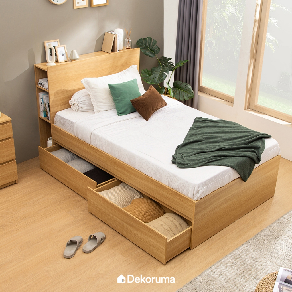 Dekoruma Moku Bed - Sandaran & Dipan Tempat Tidur Minimalis Laci Kayu Olahan