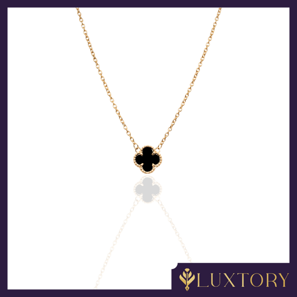 Kalung Rantai Emas Varian Clover Keramik Hitam Permata 6K