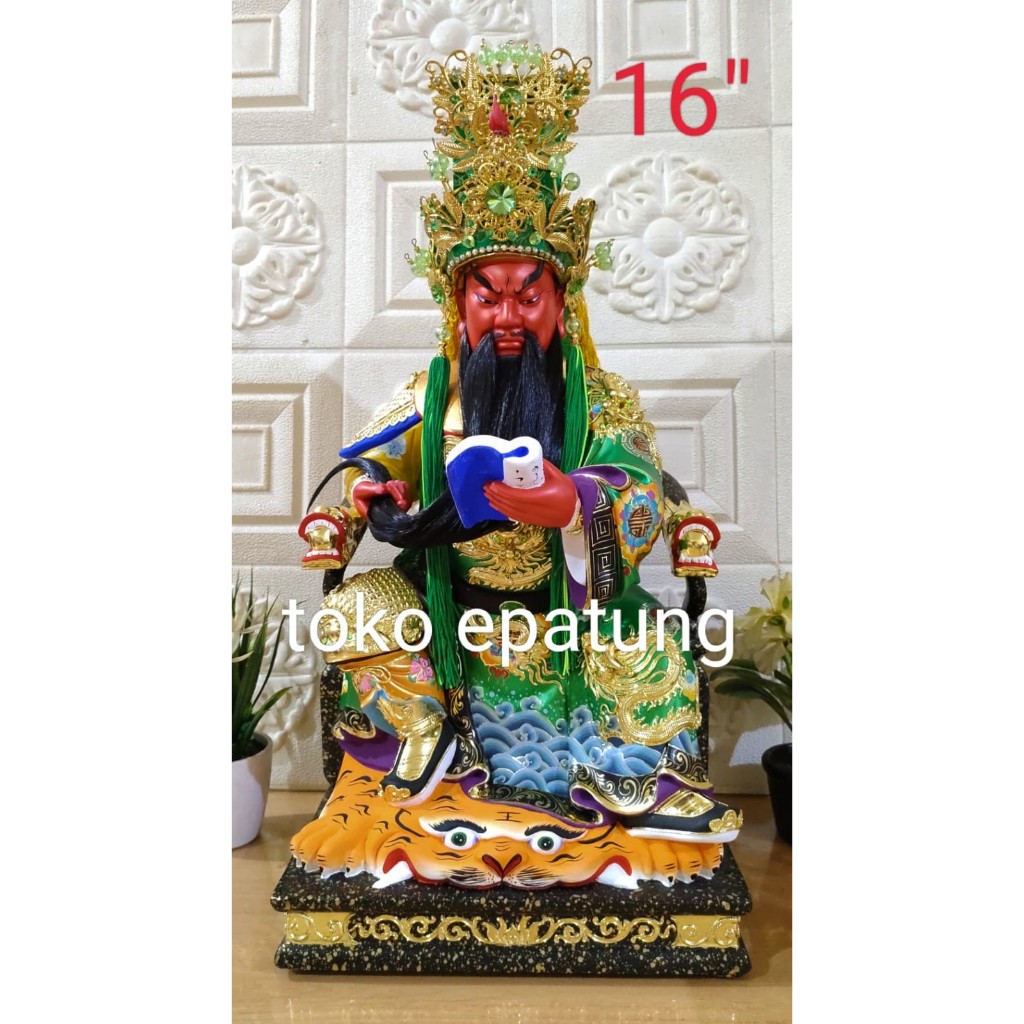 patung dewa kwan kong / kwan kung - kayu taiwan - 16 inch - mahkota - buku - jenggot - l