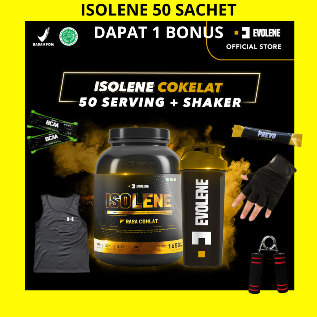 EVOLENE ISOLENE WHEY ISOLATE 50 SACHET FREE SHAKER COKLAT STRAWBERRY STROBERI VANILLA VANILA ORI ISO