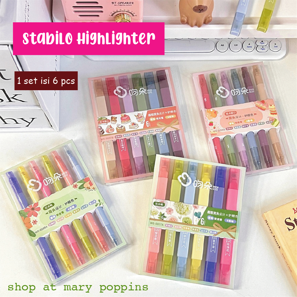 

Stabilo Highlighter Warna-Warni Double Side Ujung Dua Mata Pena Bentuk Kotak 1 set isi 6 pcs