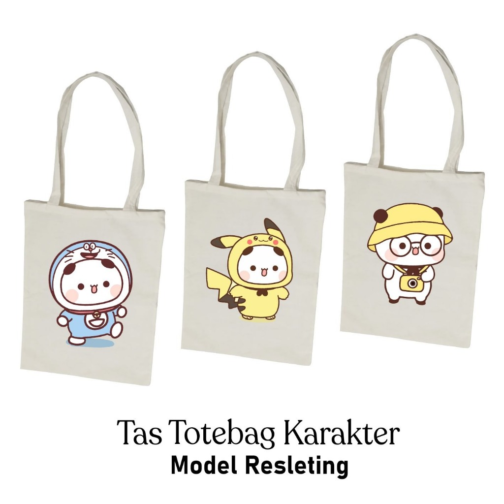 tas tote bag wanita import resleting bahan kain blacu karakter lucu
