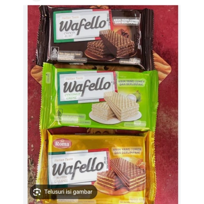 

roma,wafer,wafello,rasa,coklat,karamel,pandan,34gr,x10pcs