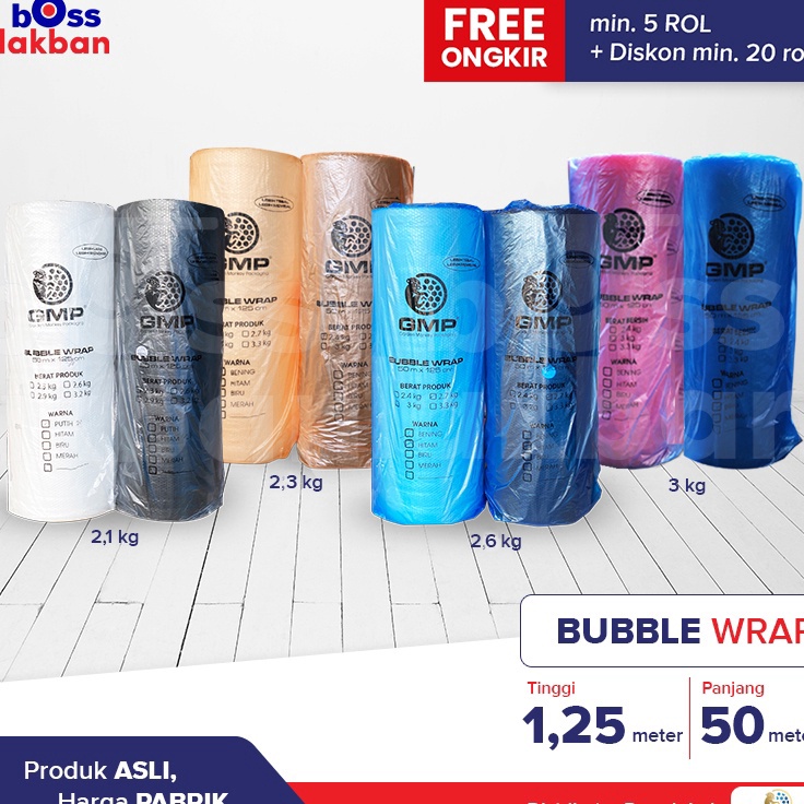 

Harga Promo Bubble Wrap GMP 125 cm x 5 meter Hitam Bening Merah Biru