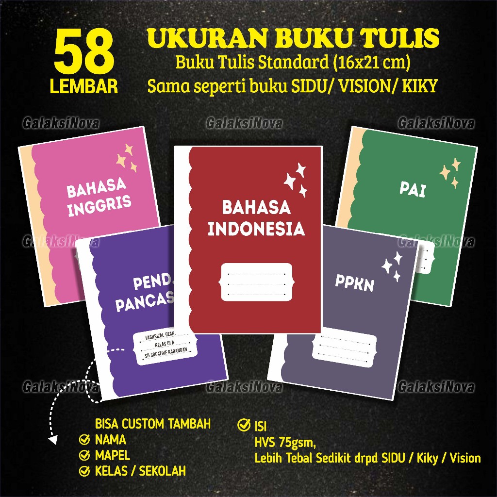 

[58 Lembar] Buku Tulis Custom Sekolah SD,MI,SMP,MTS,SMA | Buku Tulis Sekolah | Buku Tulis PNS, KORPRI | Buku Tulis Seragam Profesi Guru Pegawai Negeri Sipil | Buku Agenda | Catatan | Notebook A5 Boxy Kwarto Folio, SIDU/ Vision/ Kiky