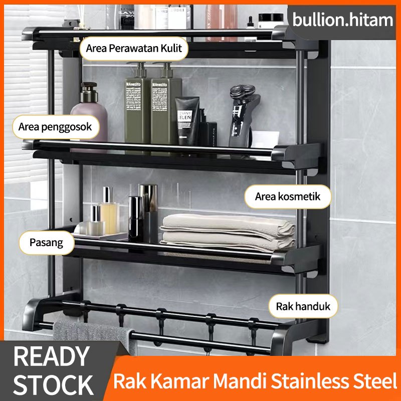 Rak Kamar Mandi Stainless Hitam Rak Sabun Kamar Mandi Rak Handuk Kamar Mandi Tempel  Rak Multifungsi