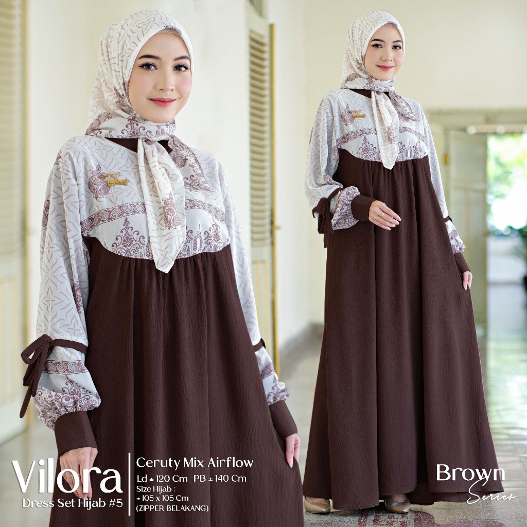 Vilora Dress Set Hijab Ceruty Segi Empat Airflow Mix Ceruty Motif Etnik Kombinasi Polos